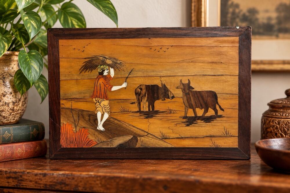 Vintage Indian Wood Inlay Marquetry Wall Art Farmer Cattle Folk Art 17in